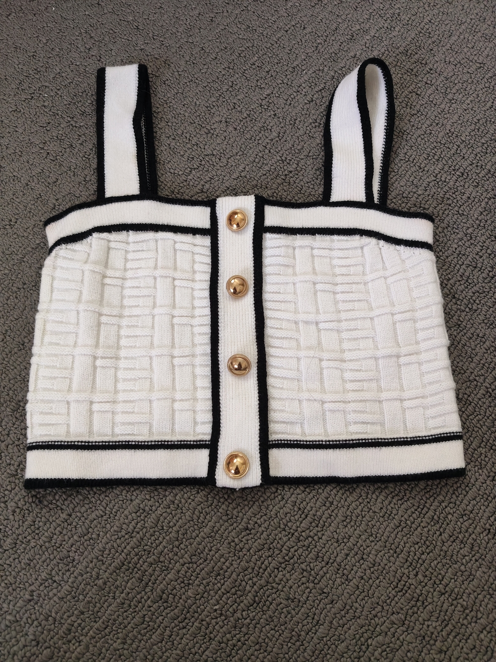 White Knit Cropped Tank with Black Trim & Gold Buttons